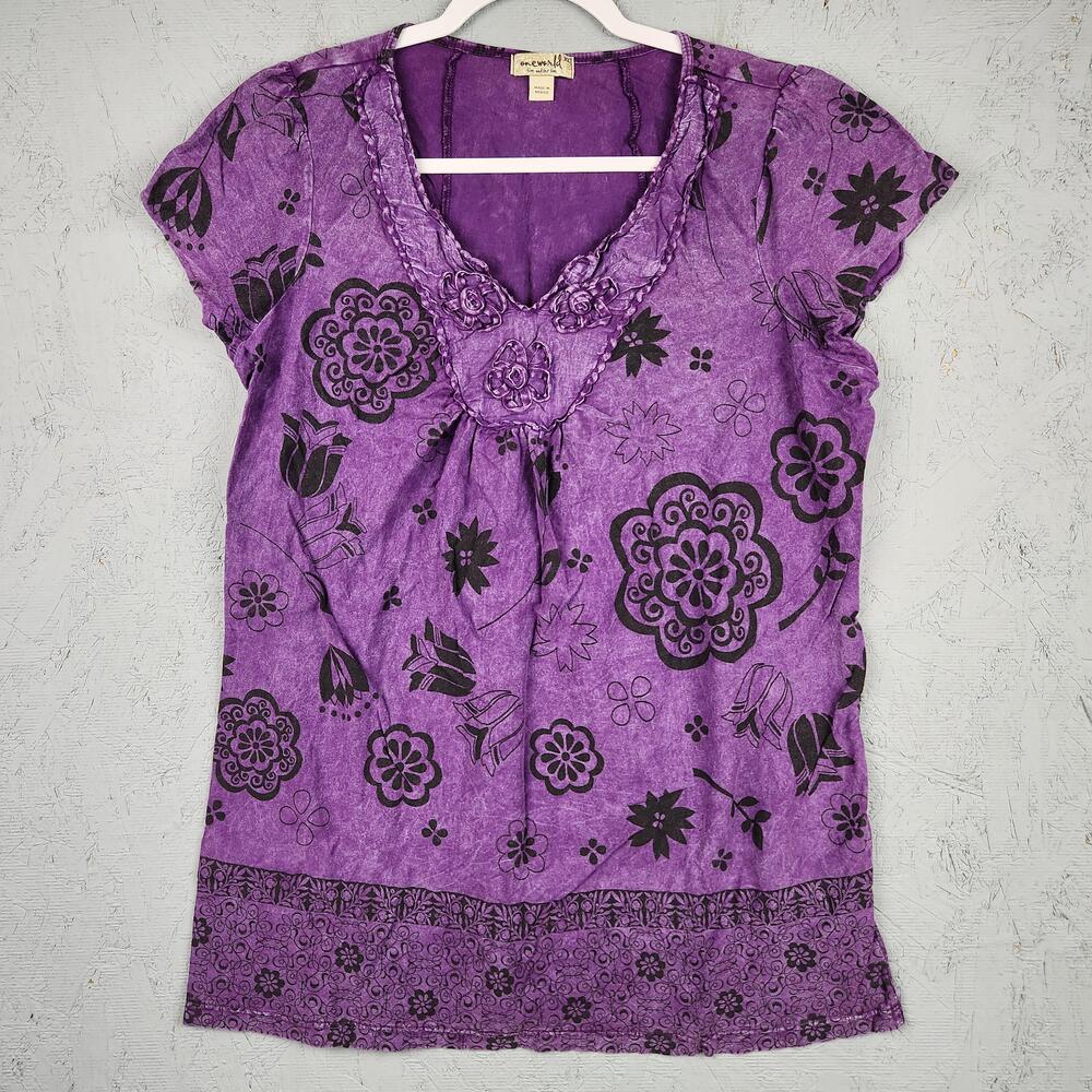 Vintage OneWorld Shirt Womens XL Purple Black Floral Boho V Neck Ruffle Flower